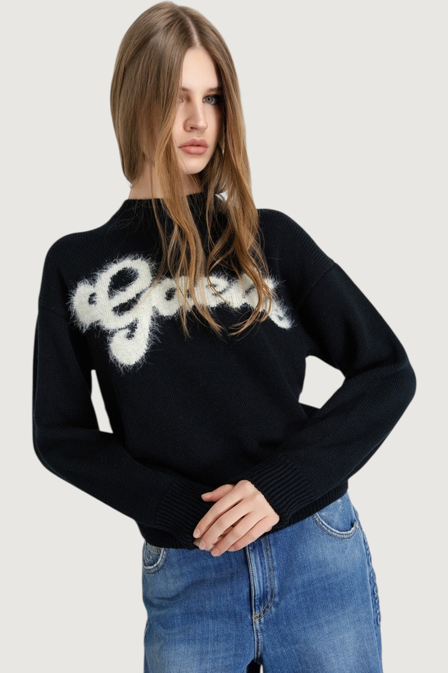 Pullover cropped con logo lurex