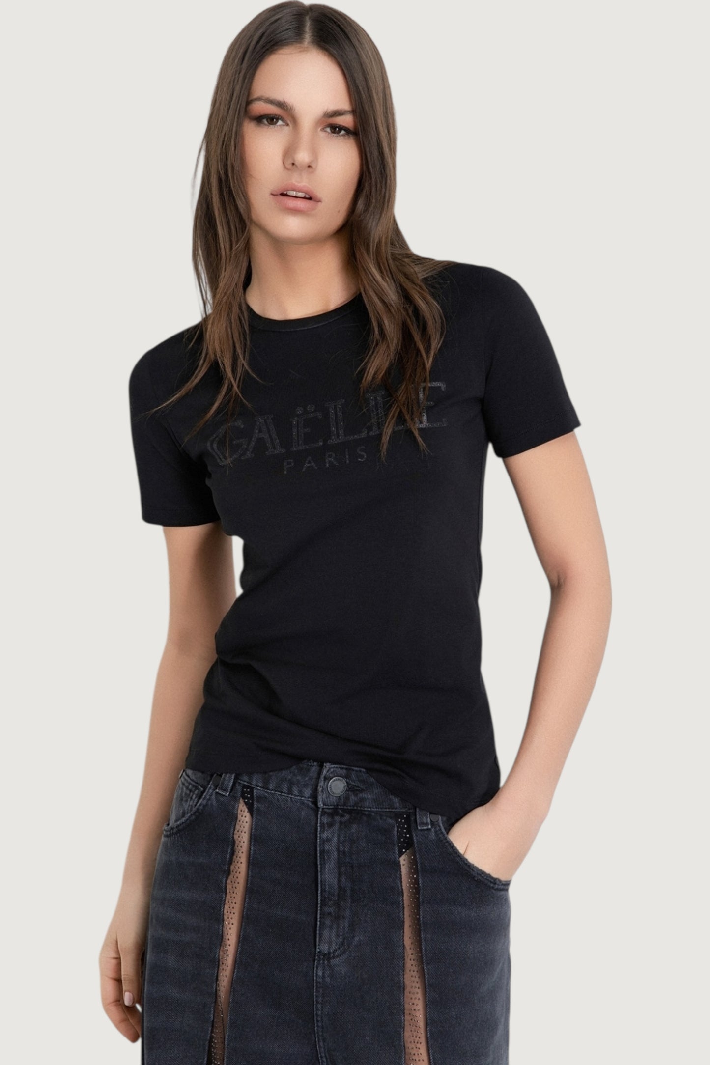 T-shirt girocollo con logo glitter